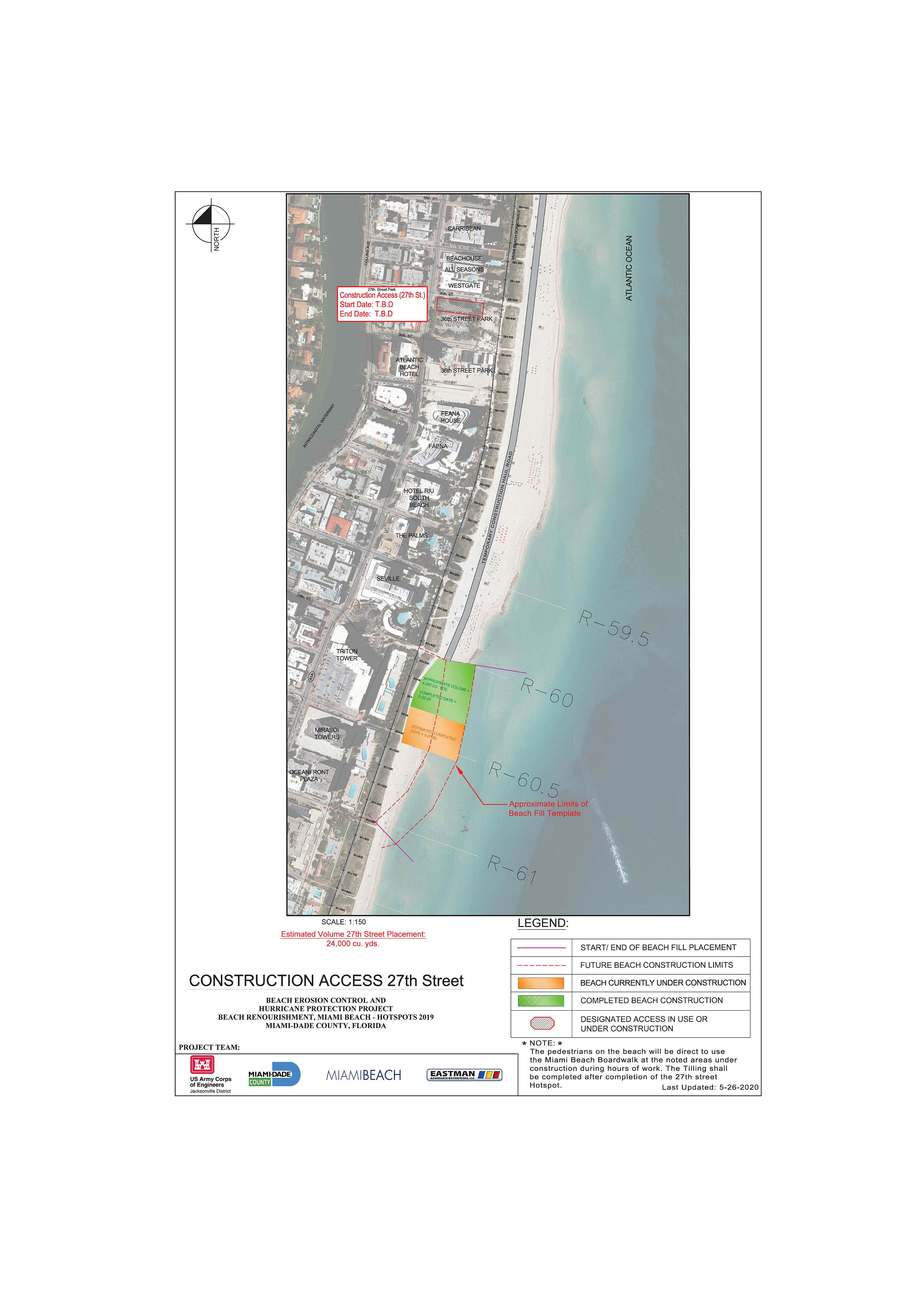 Image showing the 27th Street Park construction reach. The completion date is listed as to be determined. The temporary beach access road begins at the entrance of 36th Street onto the beach and runs south to just past 29th street on the beach between the Seville and Triton Tower.